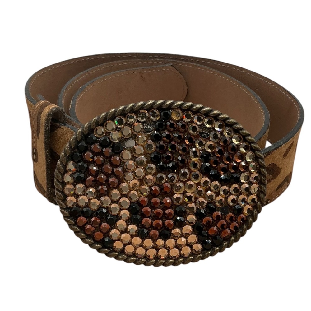 Cache Y2K Leopard Print Calf Hair Belt Women S Brown Crystal Buckle Made in‎ USA